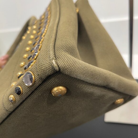 Prada Green Canapa Studded Canvas Handbag Army Green (JB1063) - Picture 4 of 16